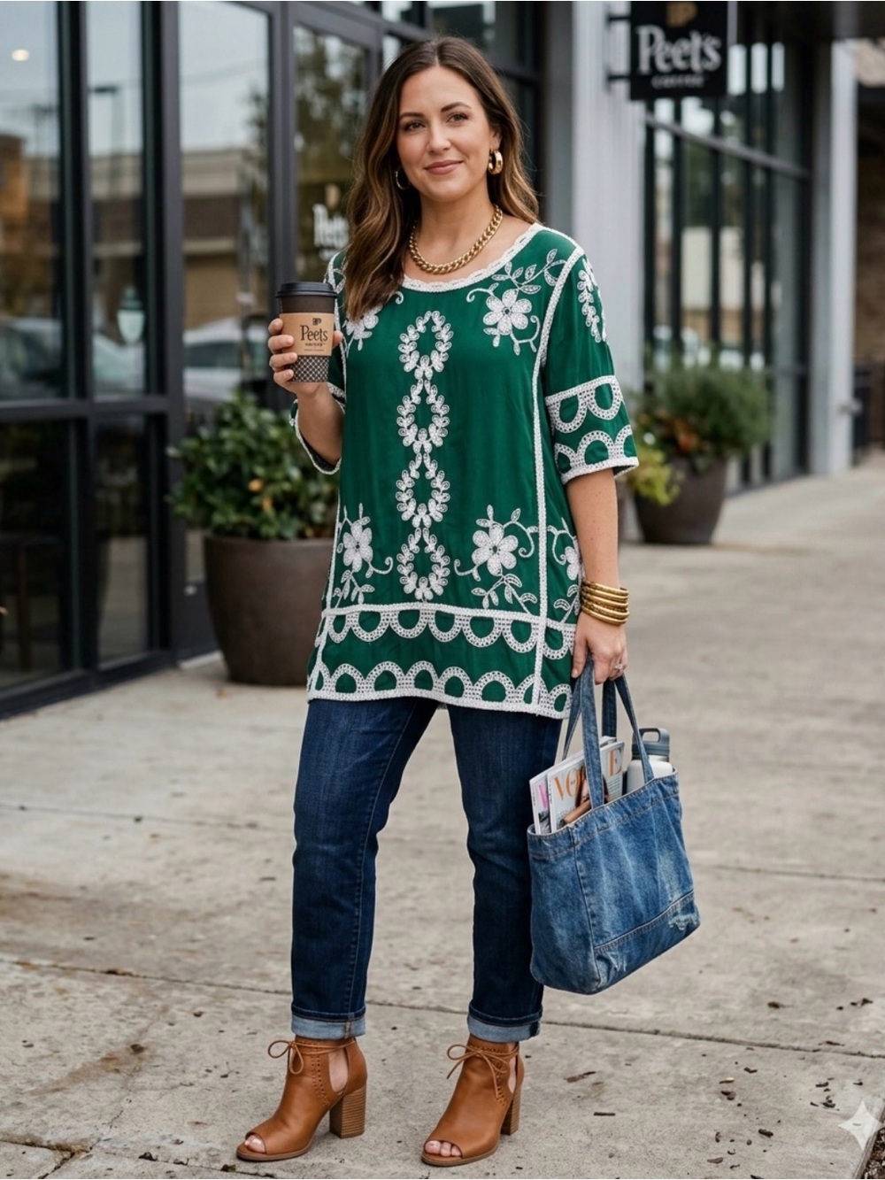 Embroidered Green Tunic with White Crochet Lace
